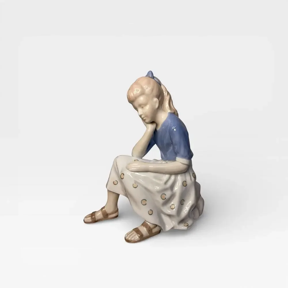 Andrea by Sadek Porcelain Figurine Girl Sitting Blue Top Polka Dot Skirt Japan